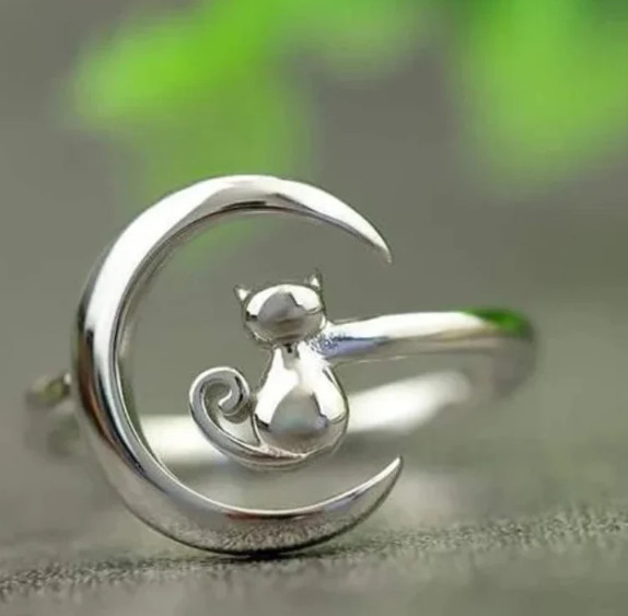 Cat 925 Sterling Silver Ring, Animal Lover Designer Adjustable Half Moon Jewelry