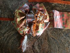 Vintage Japanese Silk Obi Kimono Belt Sash Coral Red and Gold in Original Box