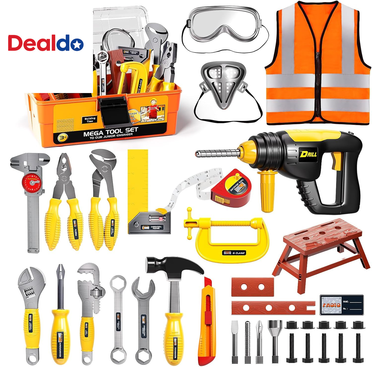 Tool Set with Tool Box & Electronic Toy Drill, Pretend Play Kids Construction Ki