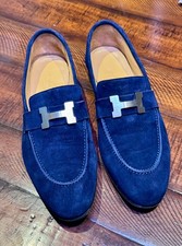 Hermes Paris Loafers Navy Ch vre Suede Palladium H Buckle EU 40 US 7