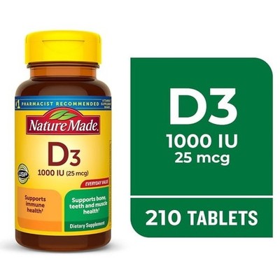 Nature Made Vitamin D3 1000 IU 25 mcg tablet Dietary Supplement for Immune 210