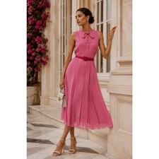 NWT Carolina Herrera Silk Pleated Midi Dress with Whimsical Boat Motif  Sz 12