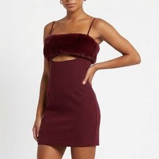 Naked Wardrobe Maroon Faux Fur Trim Mini Dress Bodycon Size L