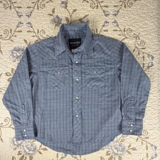 Wrangler Western Shirt Boys Small Blue Excellent Plaid Pearl Snap Long Sleeve