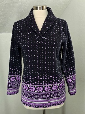 Talbots Sz Large Pullover Black with Purple Nordic Design Long Sleeve Shawl Neck