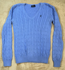 Polo Ralph Lauren Sweater Womens Size M Blue Cable Knit V Neck