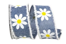 10 Yards 2.5 inch Daisy Denim Linen Wired Edge Ribbon for Crafts Gift Wrap