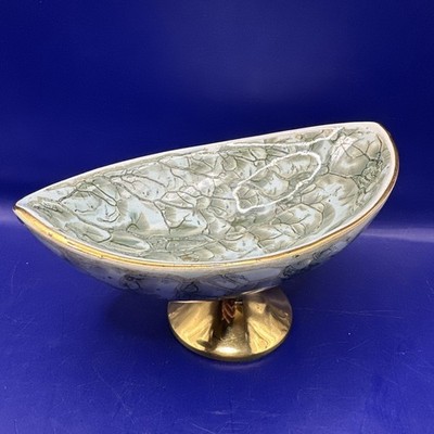 Vtg Hand Painted Delftware Aqua/ Gold Veined Brass Pedestal Dish Trinket Candy
