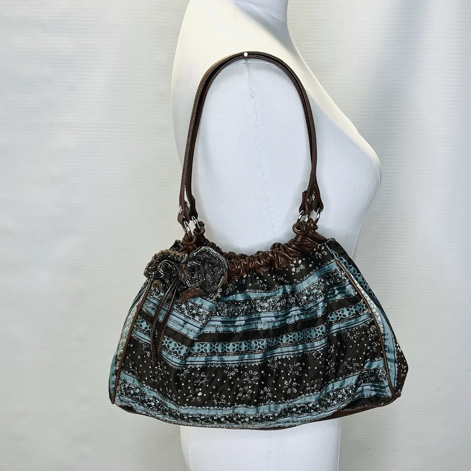 Isabella Fiore Azul Marrón Rayas Ricas Cuentas Cartera Bolso de Hombro Flor Accesorios