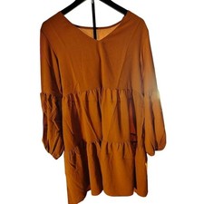 Womens Tiered Mini Dress Long Sleeve V Neck Casual Tan Size L
