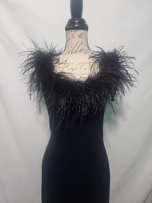 Vintage Roberta USA Slinky Black Cocktail Dress w Feather Trim. Mobwife.