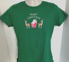 Merry Christmas w/ Santa & Reindeers on Bright Green Ladies Cotton T ~ 25% OFF