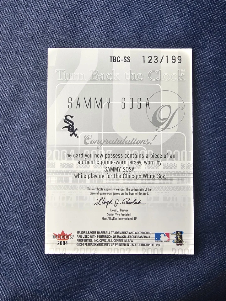2004 Fleer Ultra - Turn Back the Clock Jerseys Sammy Sosa Silver /199 (MEM) - Image 2 of 2