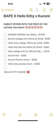 Bape Hello Kitty X Kuromi Collection with Receipt Sz Sm/os Women's