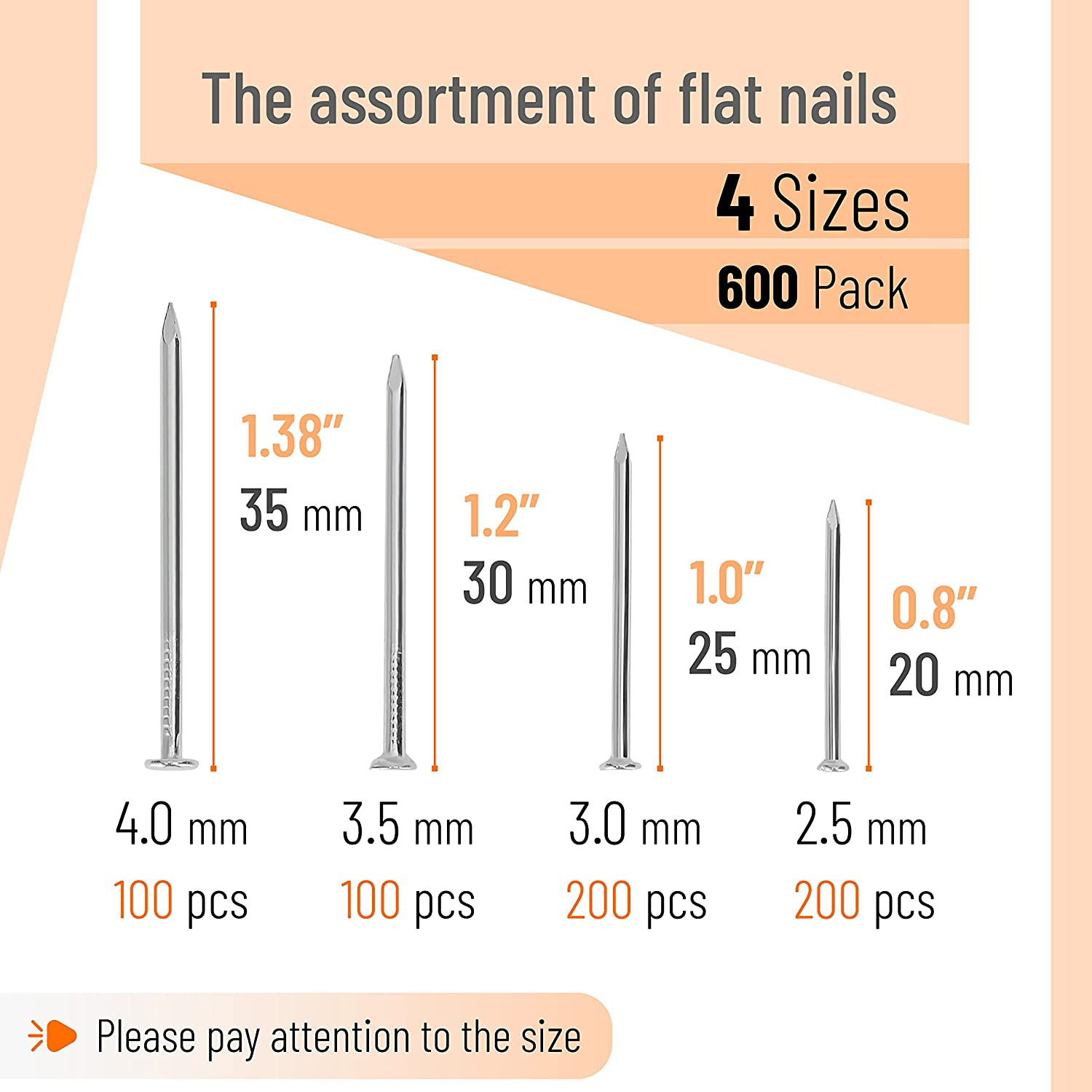 - Nail Assortment Kit, 600 Pcs, 4 Sizes, Silver, Small Nails for Hanging Picture
