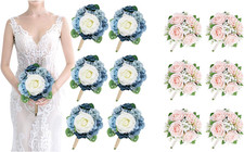 Dusty Blue  Peach Rose Bridesmaid Bouquets Set of 6 for Weddings