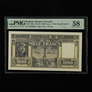 1944 46 Belgium Banque Nationale 1000 Francs Pick#128b PMG 58 Choice About UNC