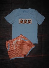 NEW Boutique Pumpkin Puppy Dog Boys Plaid Shorts Outfit Set
