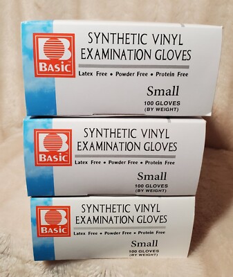 BASIC Synthetic Vinyl Examination Gloves Latex Free, Powder Free, Small, 300 New