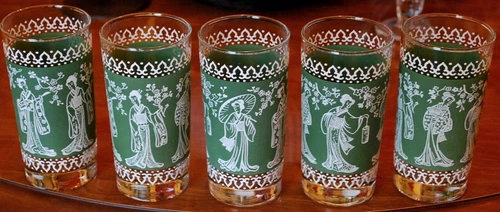 Vtg Set 5 JEANETTE WEDGWOOD GREEN & WHITE Tumbler Glasses ASIAN GEISHAS 5.5"