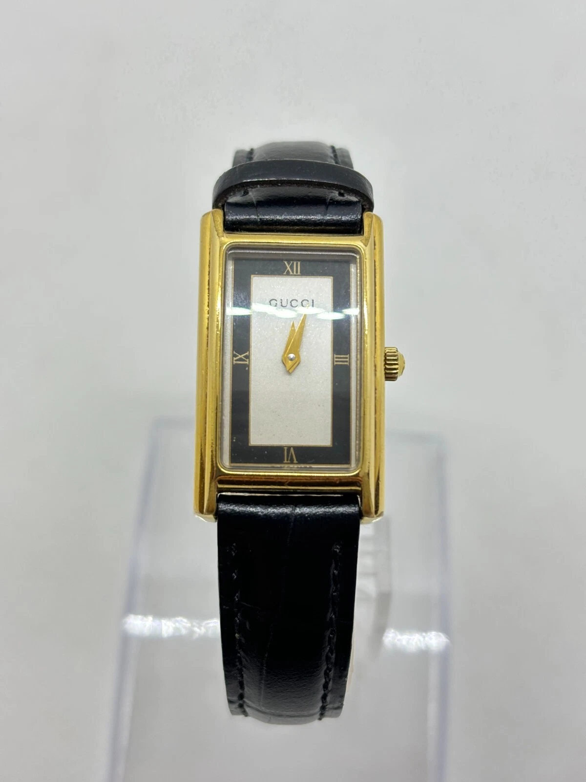 [Exc+5] Montre Femme GUCCI 2600L Quartz Or Bleu Rectangle Occasion Fonctionne