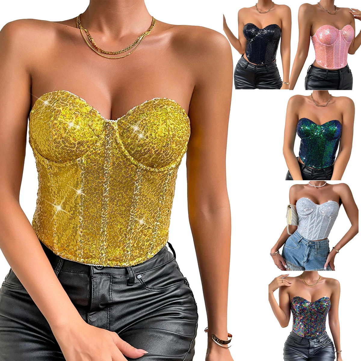 Womens Shiny Sequins Strapless Corset Sparkly Zipper Crop Top Bustier  Clubwear