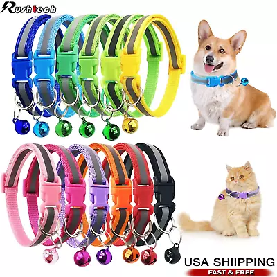 5PCS Reflective Nylon Collar With Bell Cat kitten Small Dog Puppy Pet Adjustable - Image 1 of 4