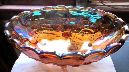 INDIANA BLUE HARVEST CARNIVAL GLASS BOWL , 4 FOOTED 12 1/2" X 8 5/8", USED
