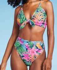 Floral Tie Front Bikini Top High Waisted Bottoms Swim Set Shade & Shore XL NEW