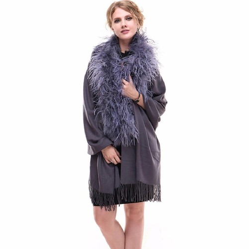 Women Cashmere Shawl Wraps Real Ostrich Feather Collar Cape Bride Wedding Party - Picture 2 of 6