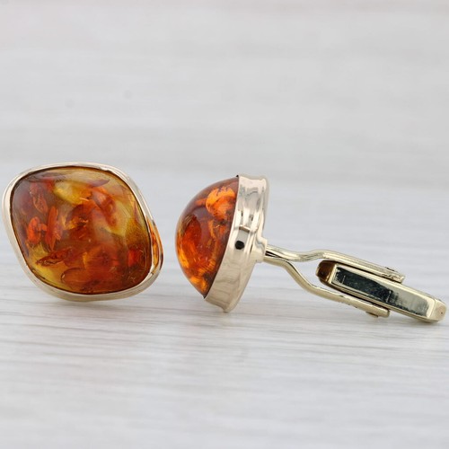 Vintage Men's Amber Cufflinks 333 8k Yellow Gold Folding Backs - Picture 2 of 8