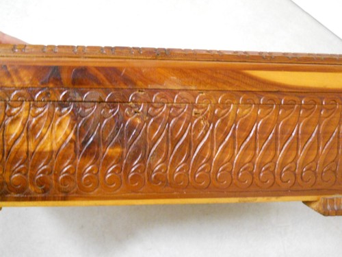 Vintage Hand Carved Footed Wood Jewelry Box w/ Gold Filigree Mirror Spain Scene - Picture 8 of 8