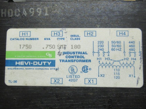 GENERAL SIGNAL HEVI-DUTY TRANSFORMER T750 750VA PRI: 480V SEC: 120V - Picture 3 of 5