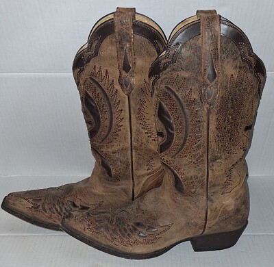 JB Dillion Brown Distressed Cowboy Boot Sz 9.5 D embroidered wing design Western Morning Glory by J.B. Dillon Western Wear main image 3