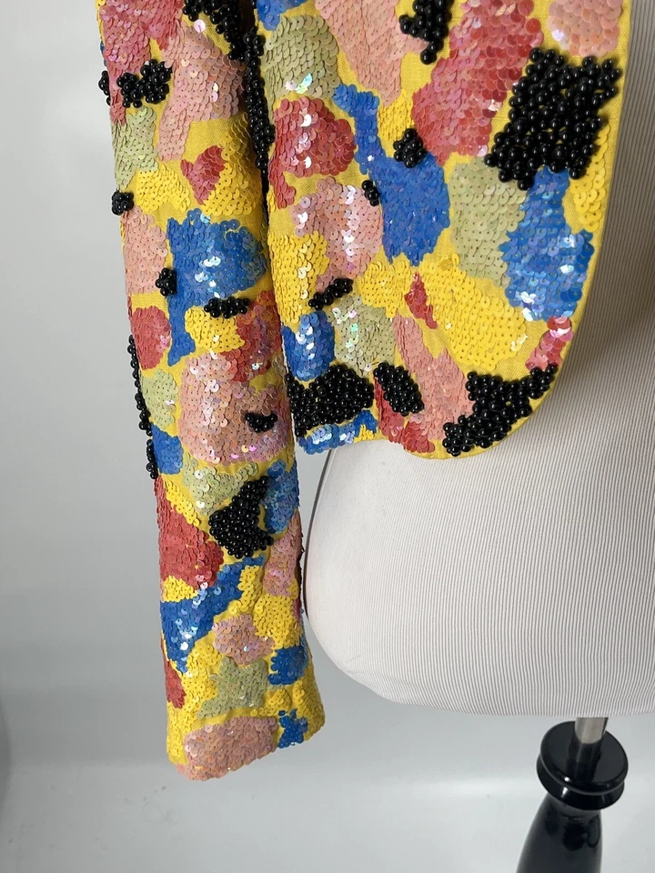 Jaqueta cropped bolero colorida floral com lantejoulas de seda vintage encolher glam rock - Imagem 2 de 4