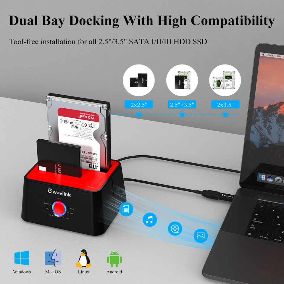3.5" 2.5" SATA Hard Drive Enclosure HDD/SSD Hard Drive Docking Station Dual Bay - Image 3 of 4