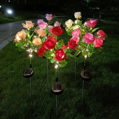 7 Heads Solar Powered Rose Flower Stake Lights Outdoor Garden Path Luminous Lamp