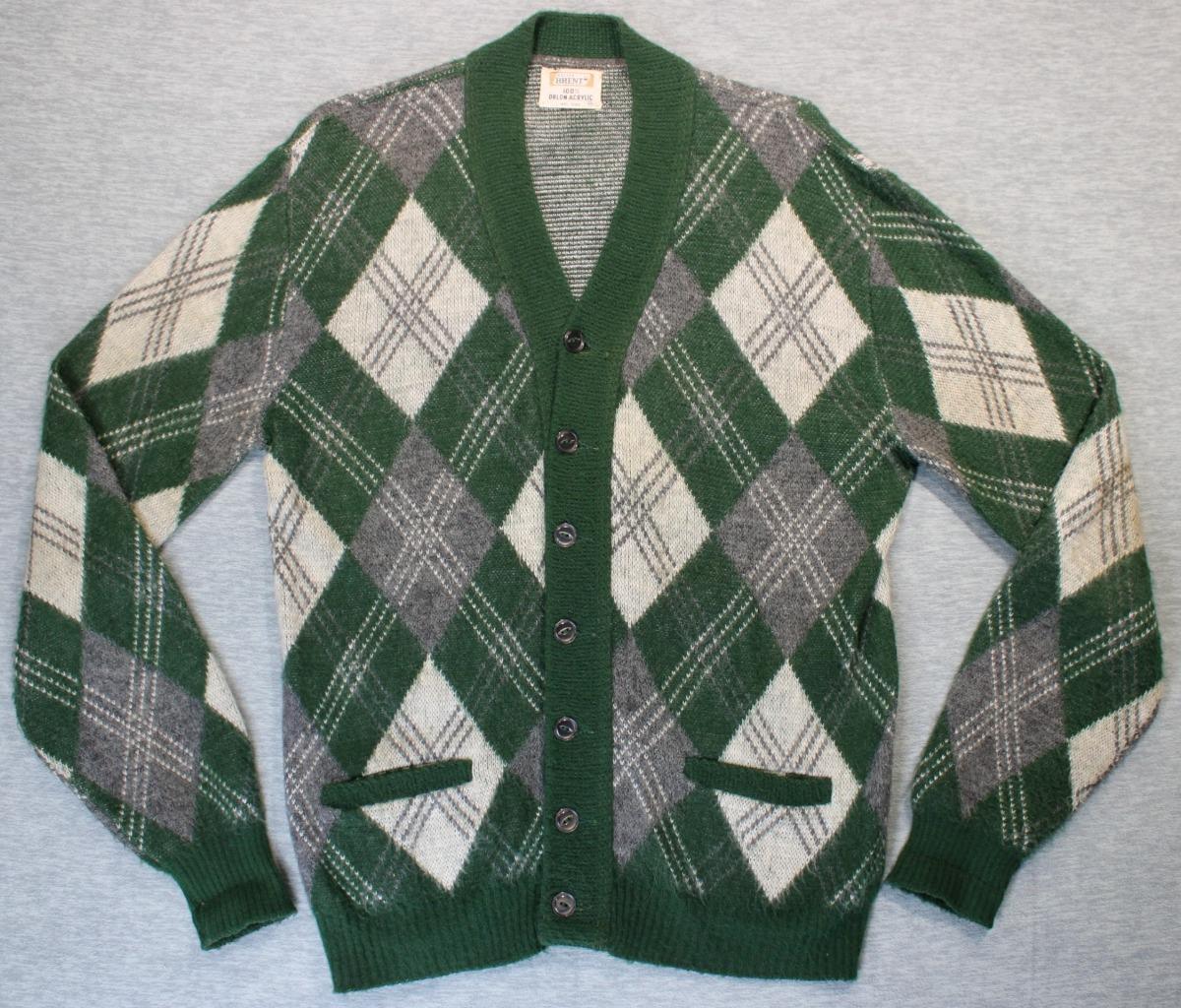 VTG 1960s BRENT WARDS MENS GREEN ARGYLE CARDIGAN SWEATER SIZE M