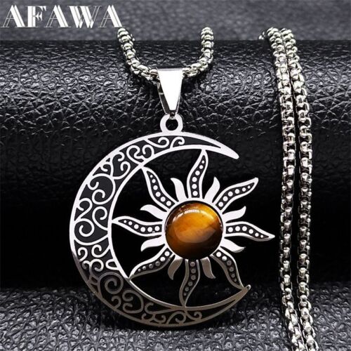 Sun Pentagram Necklace Stainless Steel Stone Crescent Wicca Necklaces - Picture 1 of 14