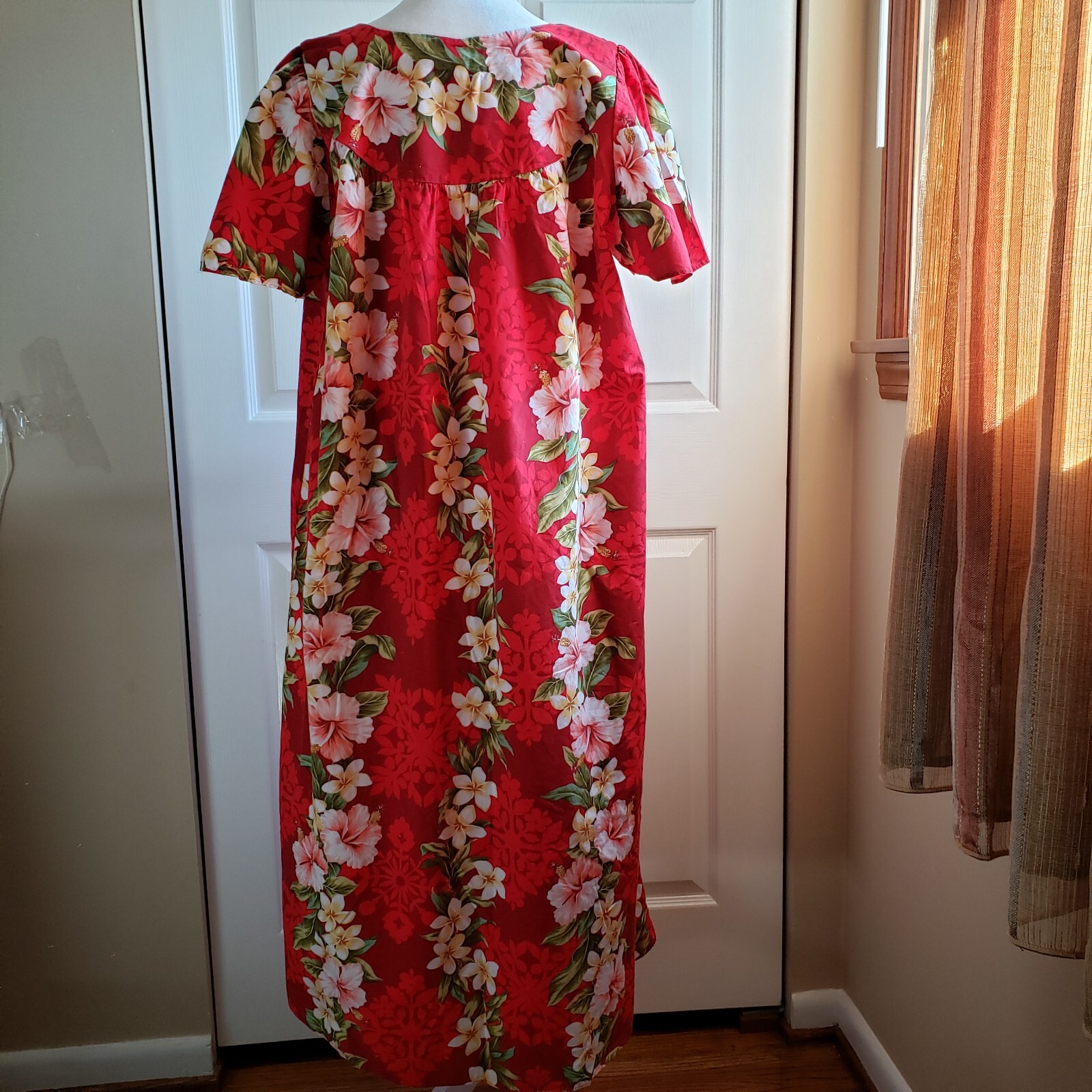 Vntg Hawaiian Multi Leis Floral On Red Muumuu Long Dress 100 Cotton