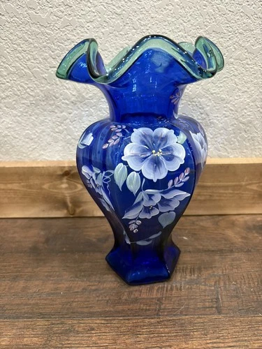 Fenton Hand painted 75th Celebration Vase 1998 Cobalt Blue Green trim Signed.