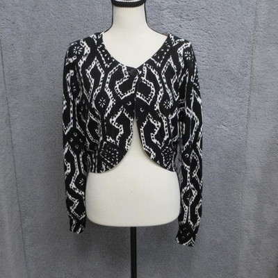 Nine West Cardigan Sweater Womens XL Black White Boho Print Cropped Scoop Neck