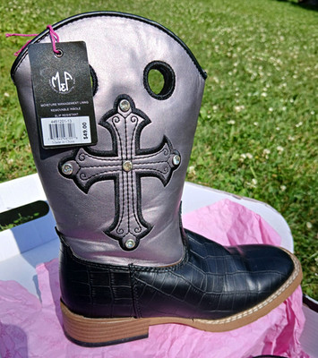 Blazin Roxx Girl's Pull-On Western Boots Black Croc Silver Cross Studs 13