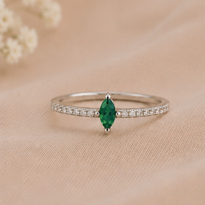 Marquise Green Emerald Ring 925 Sterling Silver Thin Band Promise Ring