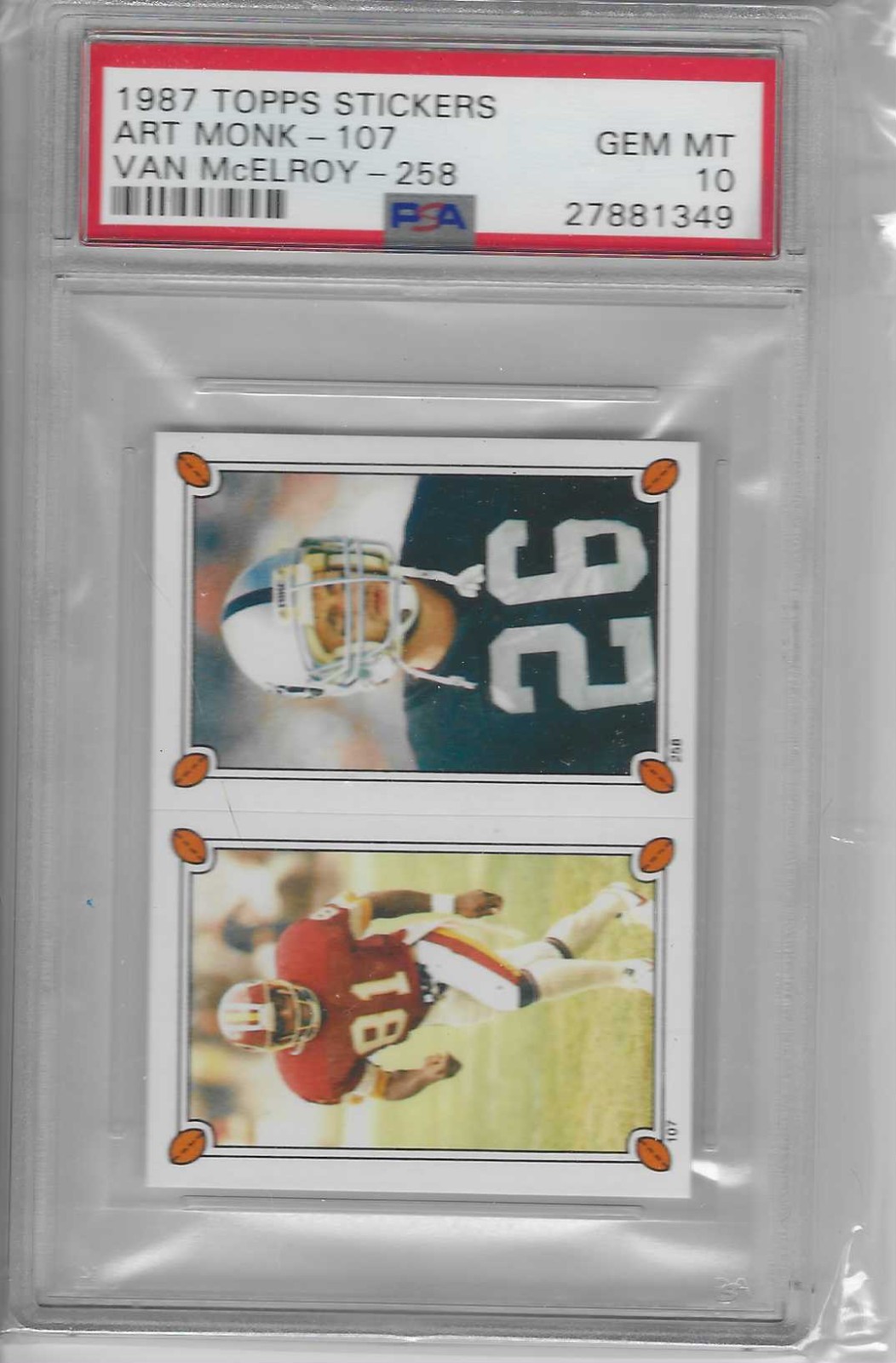 1987 Topps Stickers Art Monk / Van McElroy  Raider Nation PSA 10 LOW POPULATION