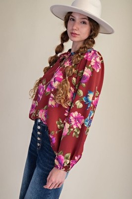 New Easel Women's Floral Tie Neck Blouse Pullover Woven Long Sleeve Medium Red