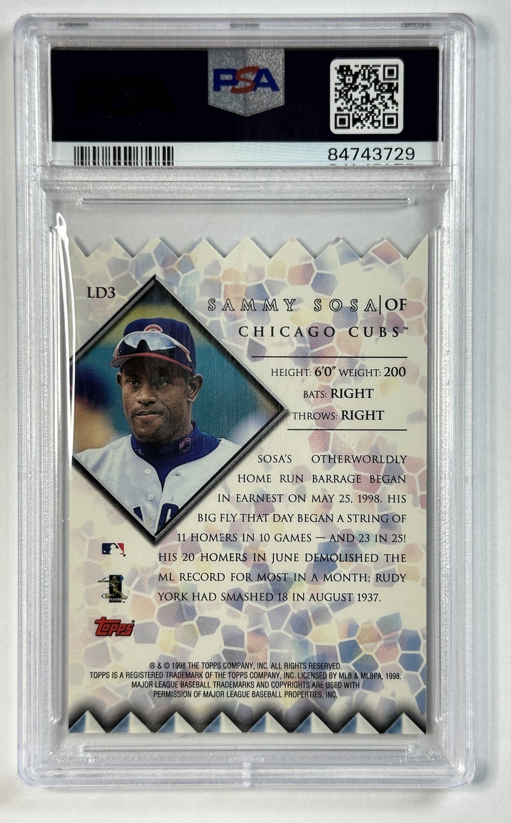 SAMMY SOSA PSA 10 1999 TOPPS #LD3 LORDS OF THE DIAMOND CUBS 3729 view 2