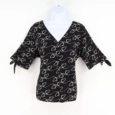 Apt. 9 Cropped Button Up Blouse Womens Size L Black Hearts Polyester Blend