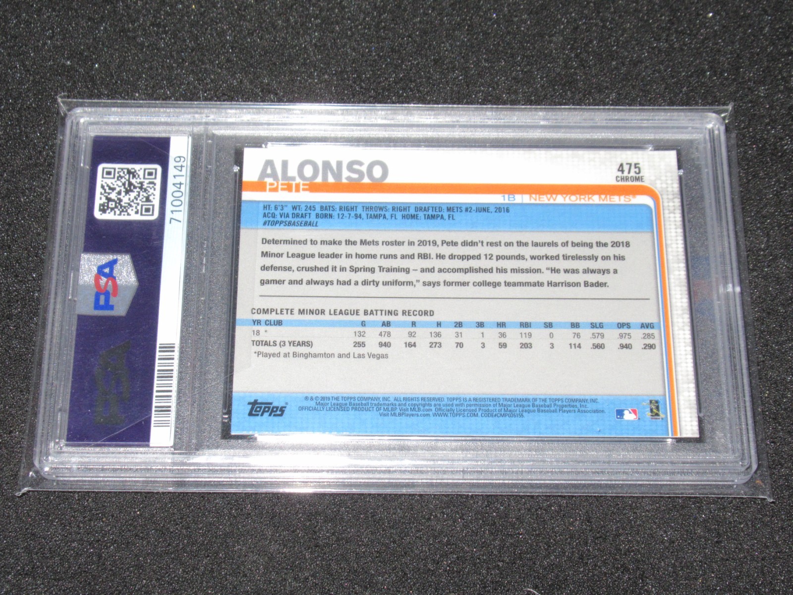 Pete Alonso 2019 Topps Chrome #475 Complete Set Variation PSA 10 GEM view 4