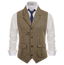 Mens Herringbone Tweed Vest Wool Blend Slim Fit Button Waistcoat Formal Casual